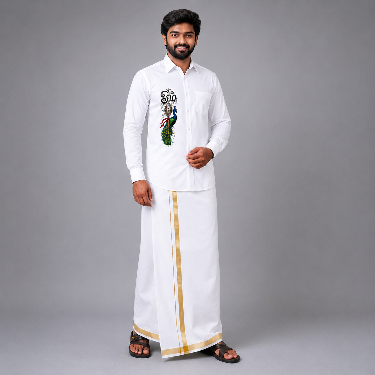 Premium White Murugan Vel & Peacock Printed Shirt for Men