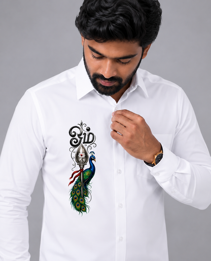 Premium White Murugan Vel & Peacock Printed Shirt for Men