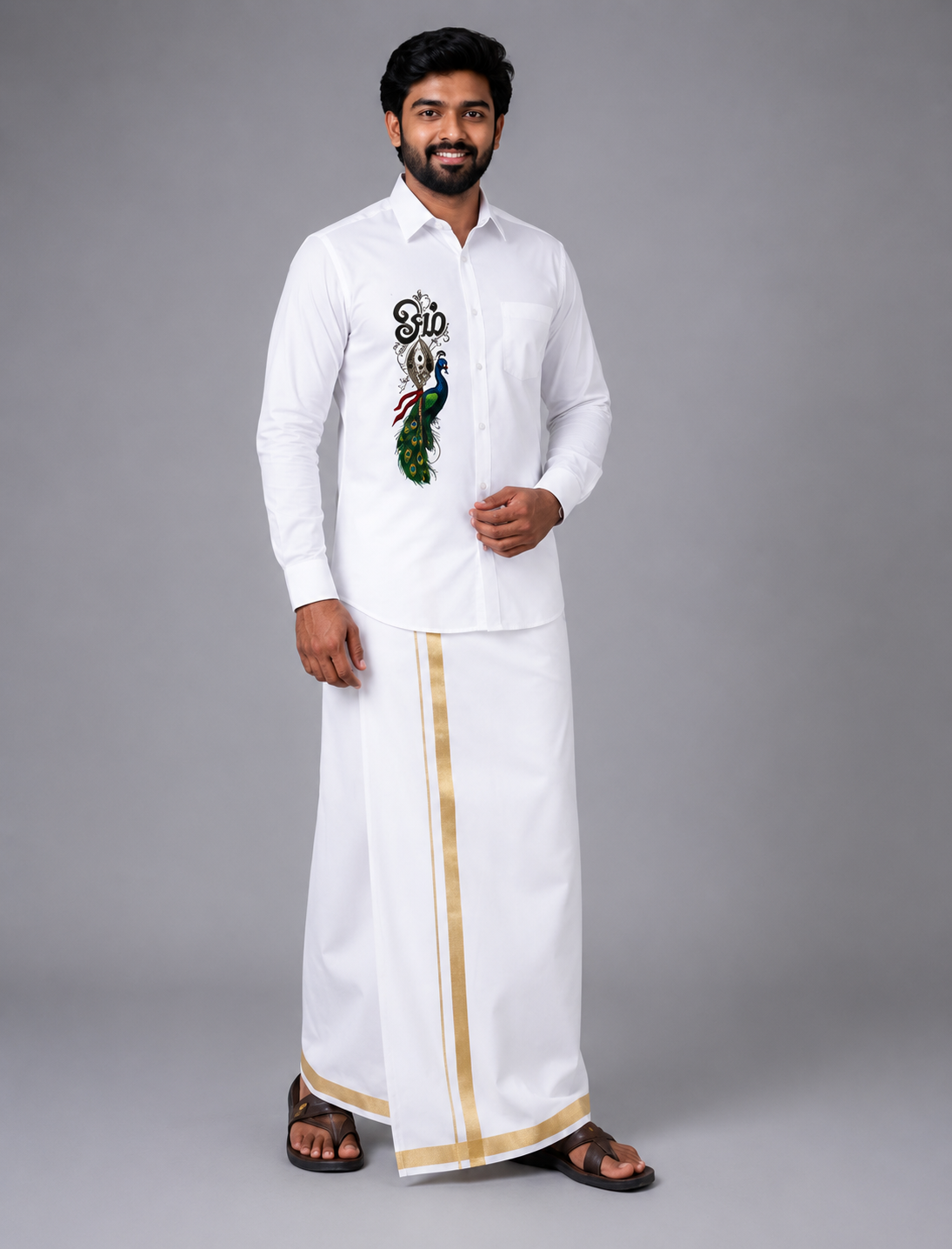 Premium White Murugan Vel & Peacock Printed Shirt for Men