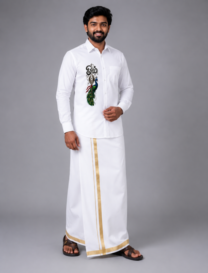 Premium White Murugan Vel & Peacock Printed Shirt for Men