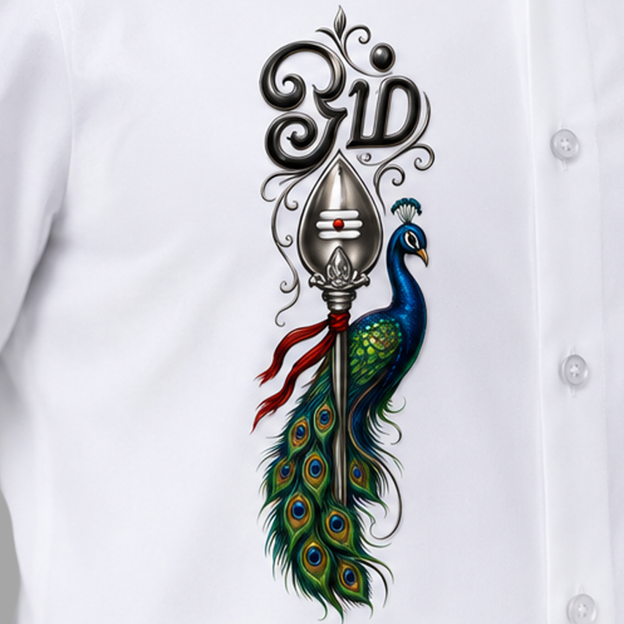 Premium White Murugan Vel & Peacock Printed Shirt for Men