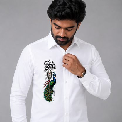 Premium White Murugan Vel & Peacock Printed Shirt for Men