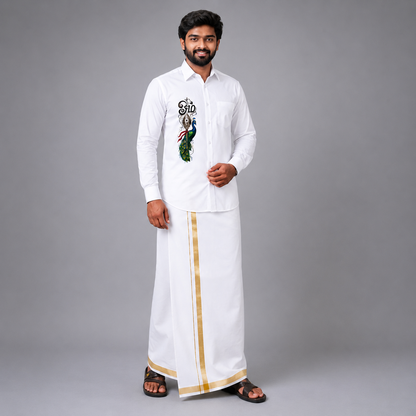 Premium White Murugan Vel & Peacock Printed Shirt for Men